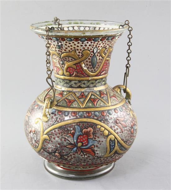 An Islamic painted glass mosque lamp, Ottoman, late 19th / early 20th century, height 21.5cm